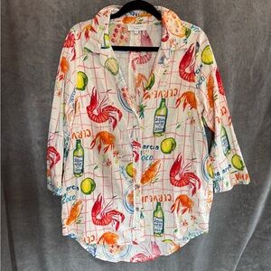 Calypso St. Barth Cream Button-Up Shirt with Red & Orange Shrimp Print